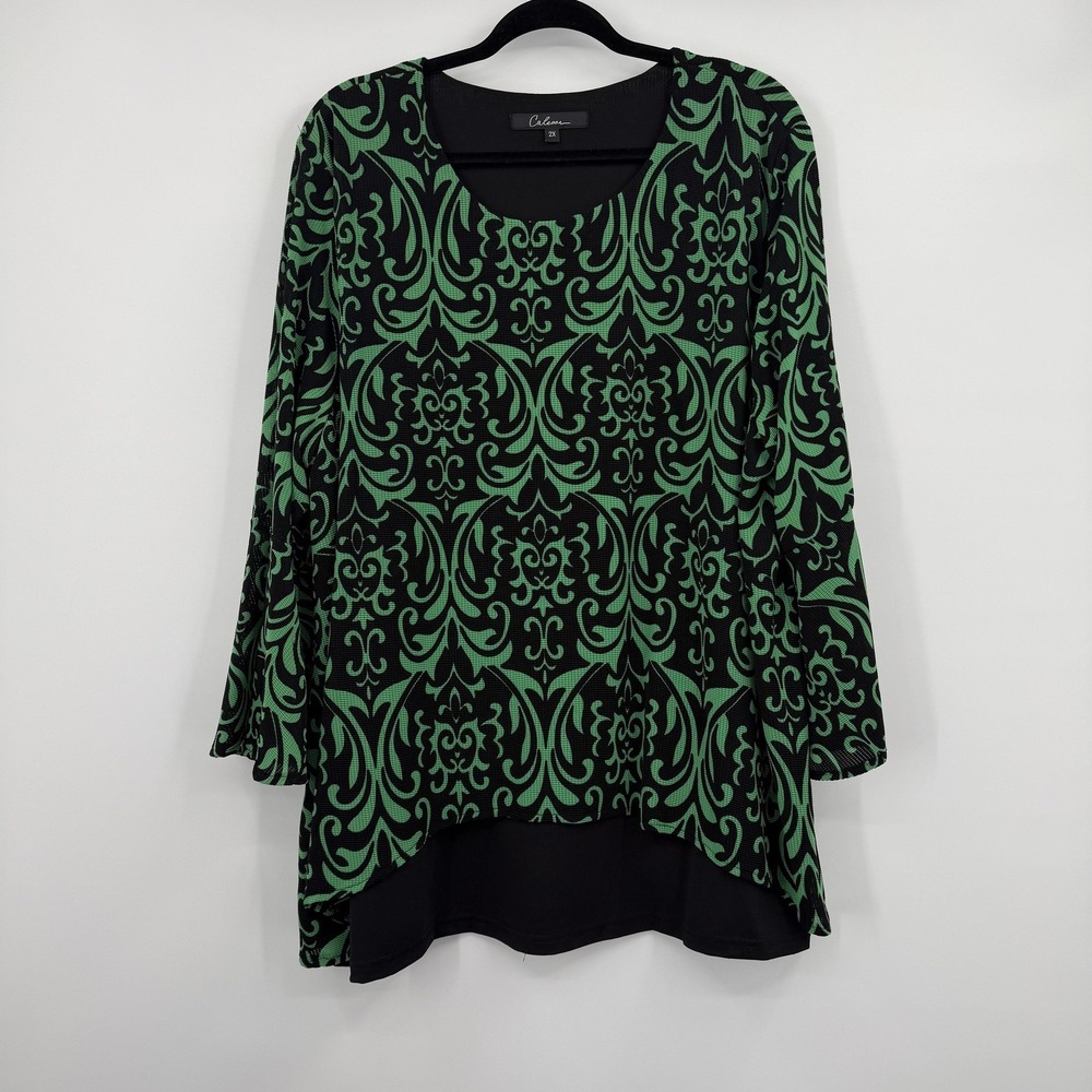 Calessa Blouse Womens 2X Green Tunic Scoop Neck Long‎ Sleeve Geometric Relaxed